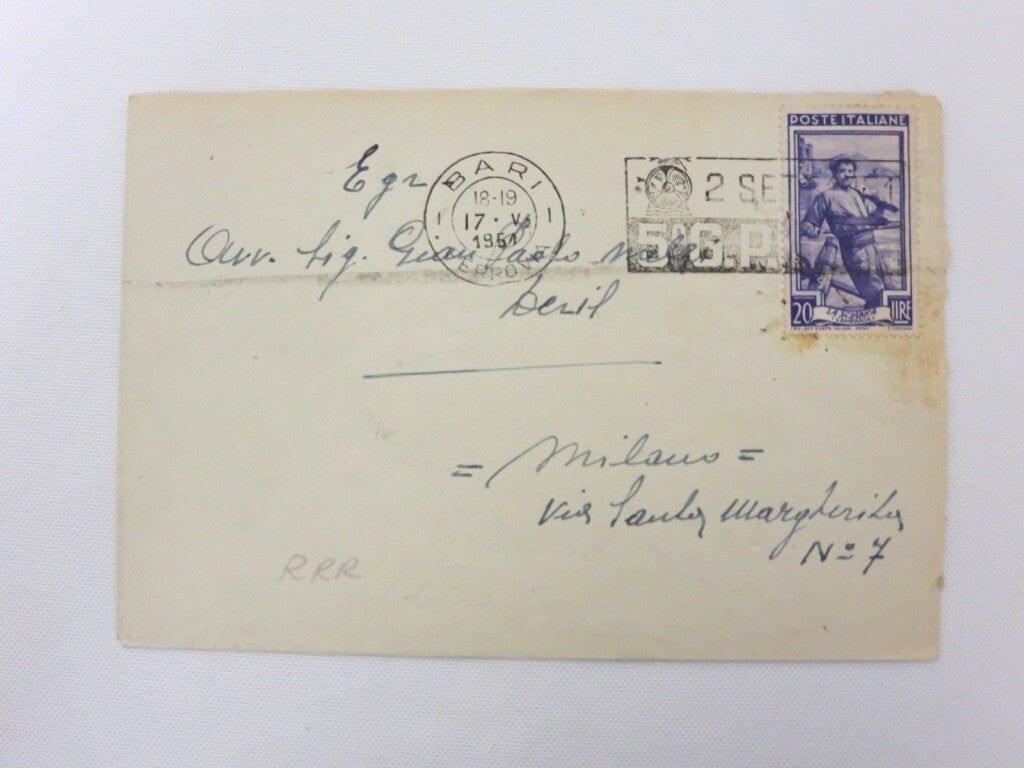 Vintage 1951 Grand Prix Bari Racing Stamp on Envelope with Postage Stamp 