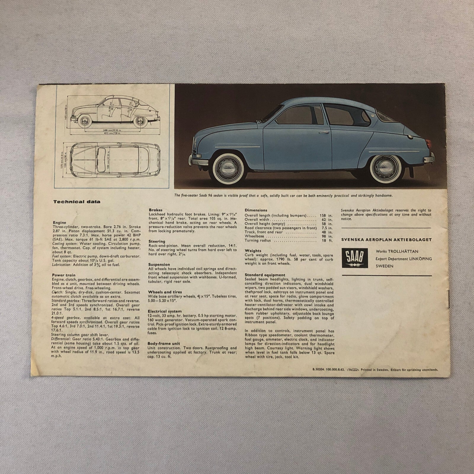 Vintage Saab 96 Sales Brochure Catalog Advertising
