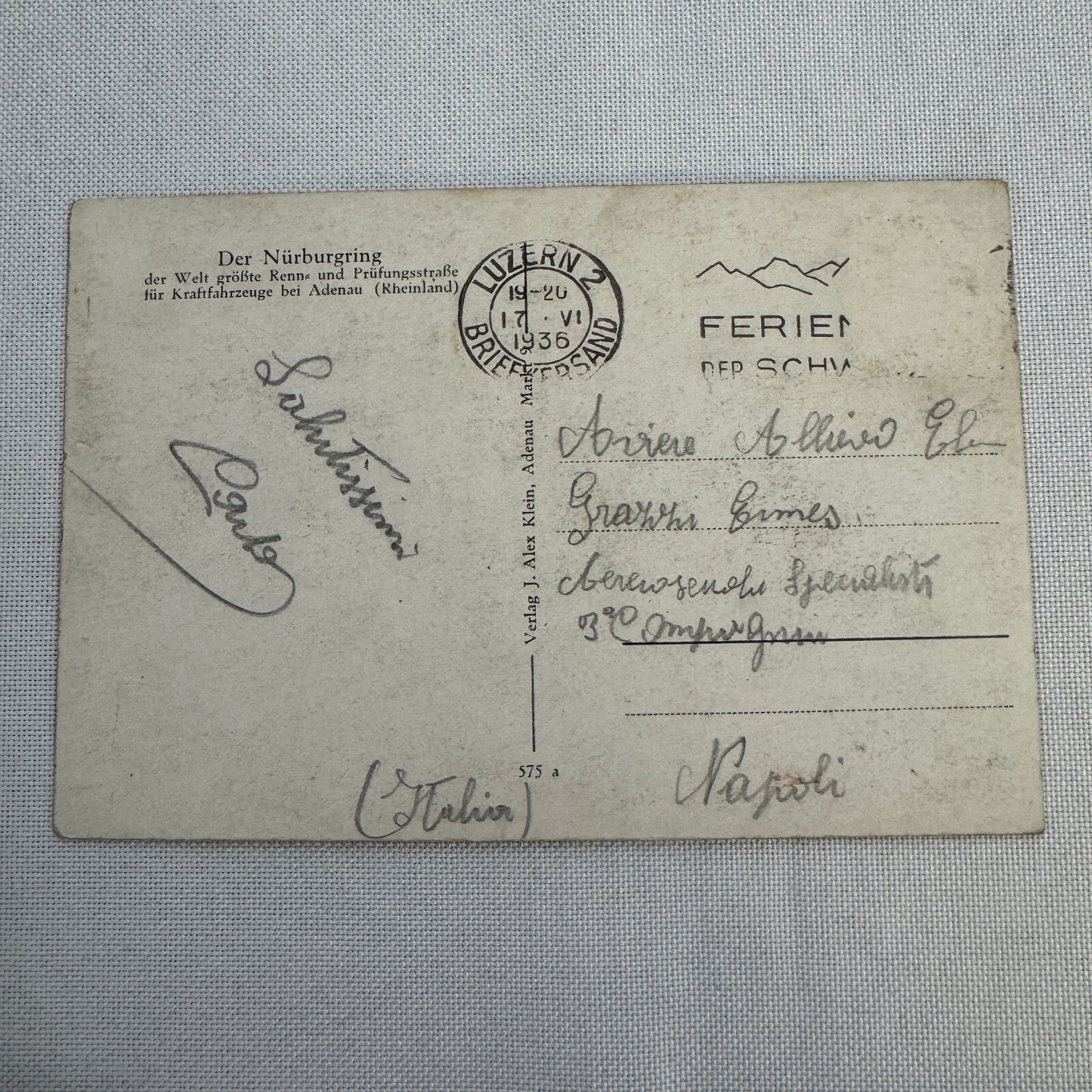 Vintage Nurburgring Racing Postcard Post Card 1936 Postmark Race Track Car