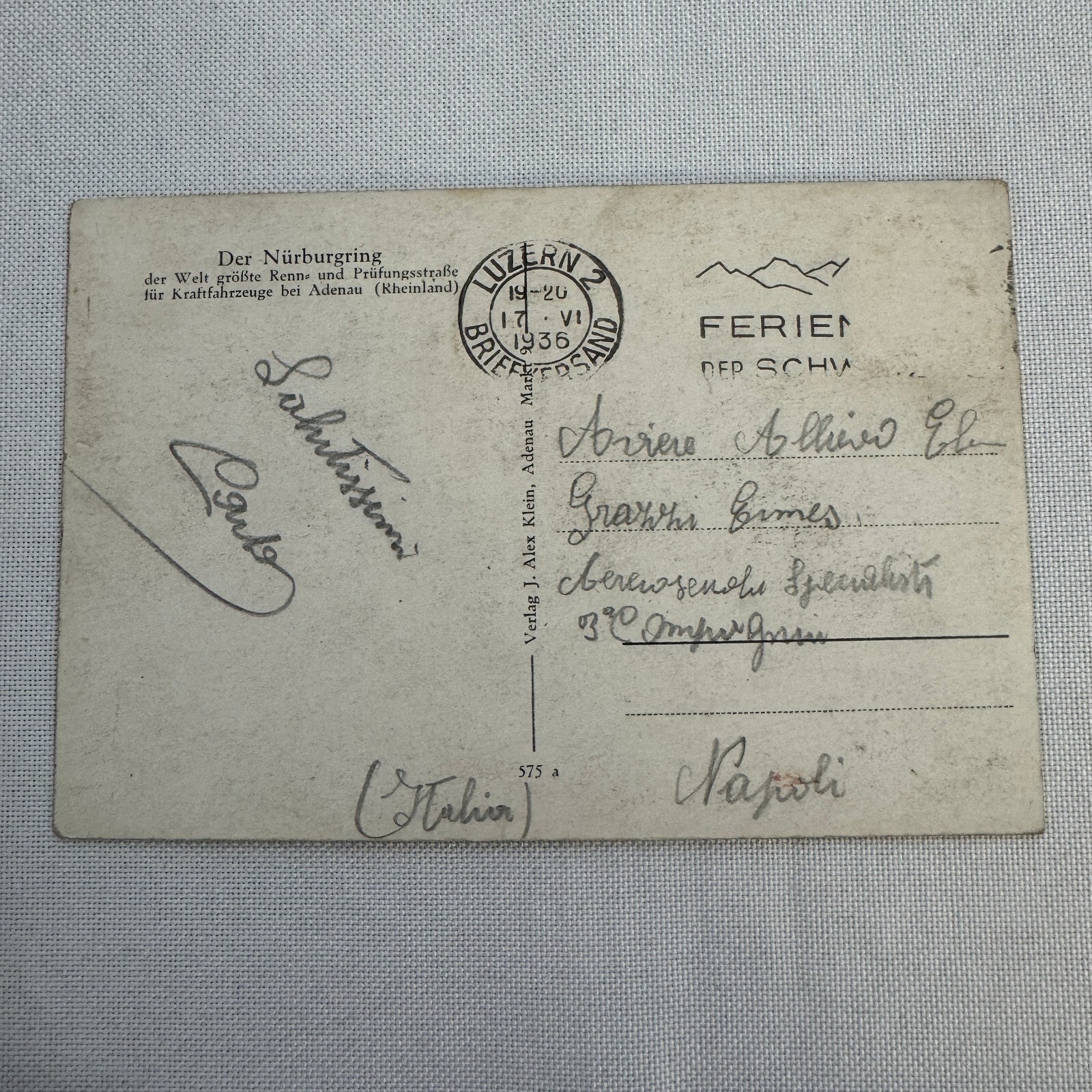 Vintage Nurburgring Racing Postcard Post Card 1936 Postmark Race Track Car