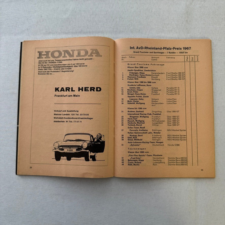 1967 AVD German Grand Prix Racing Program Motorsport Race Jim Clark Dan Gurney +