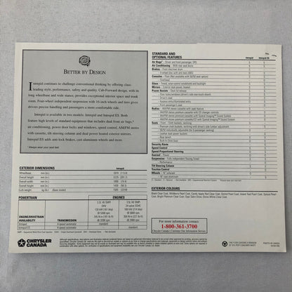 1996 Chrysler Intrepid Sales Sheet Brochure