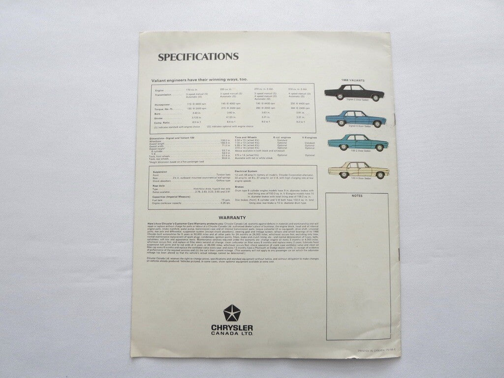 1968 Valiant Car Sales Brochure Catalog Advertising - Signet 100 2 Door 4 Door 