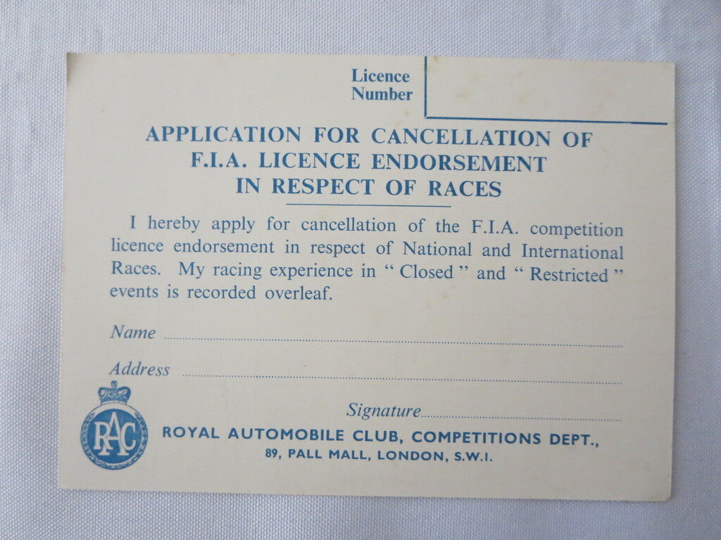 Vintage 1960s Royal Automobile Club RAC Application to Cancel Racing License 