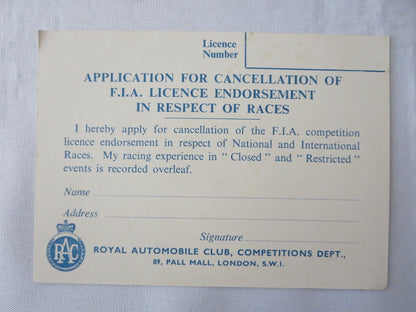 Vintage 1960s Royal Automobile Club RAC Application to Cancel Racing License 