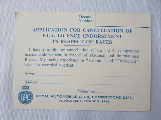 Vintage 1960s Royal Automobile Club RAC Application to Cancel Racing License 