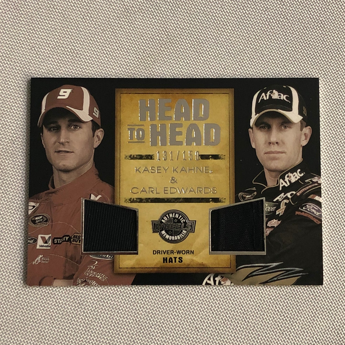 2010 Wheels Head to Head Hat Relic Card Kasey Kahne Carl Edwards #/150