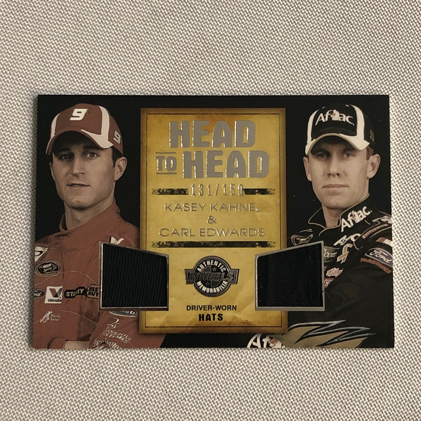 2010 Wheels Head to Head Hat Relic Card Kasey Kahne Carl Edwards #/150