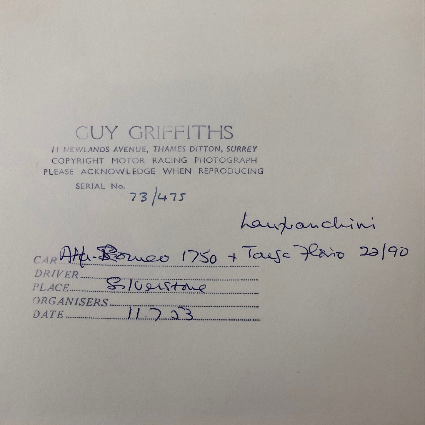 Vintage Car Racing Photo Photograph Print Alfa Romeo Targa 1750 Targa Florio + 