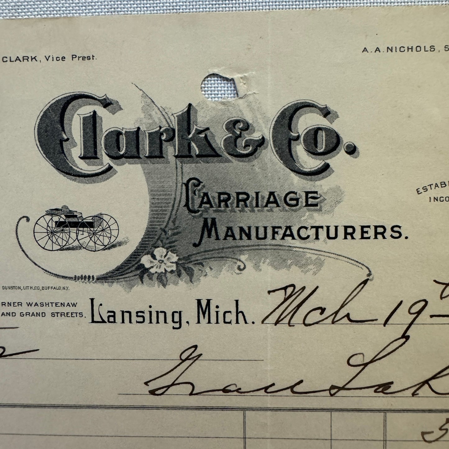 Clark and Company Carriage Manufacturer Letterhead Document Lansing MI 1908