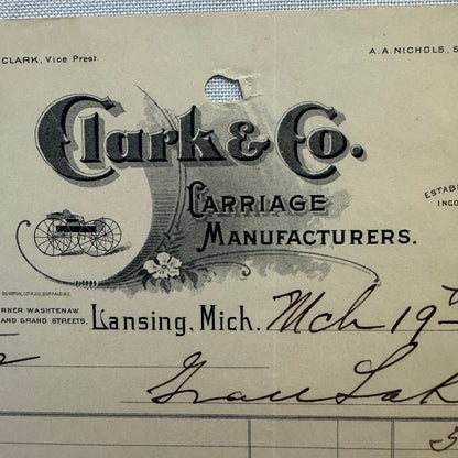 Clark and Company Carriage Manufacturer Letterhead Document Lansing MI 1908