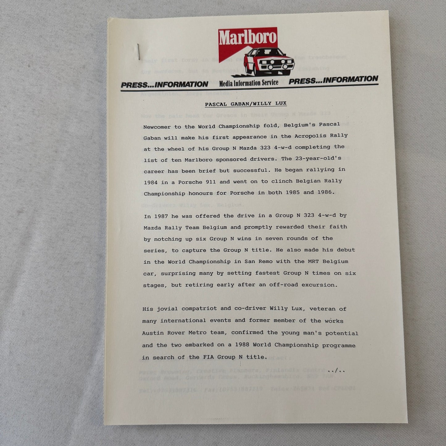 1988 Marlboro Rally Racing World Championship Press Kit Mazda Lancia Toyota