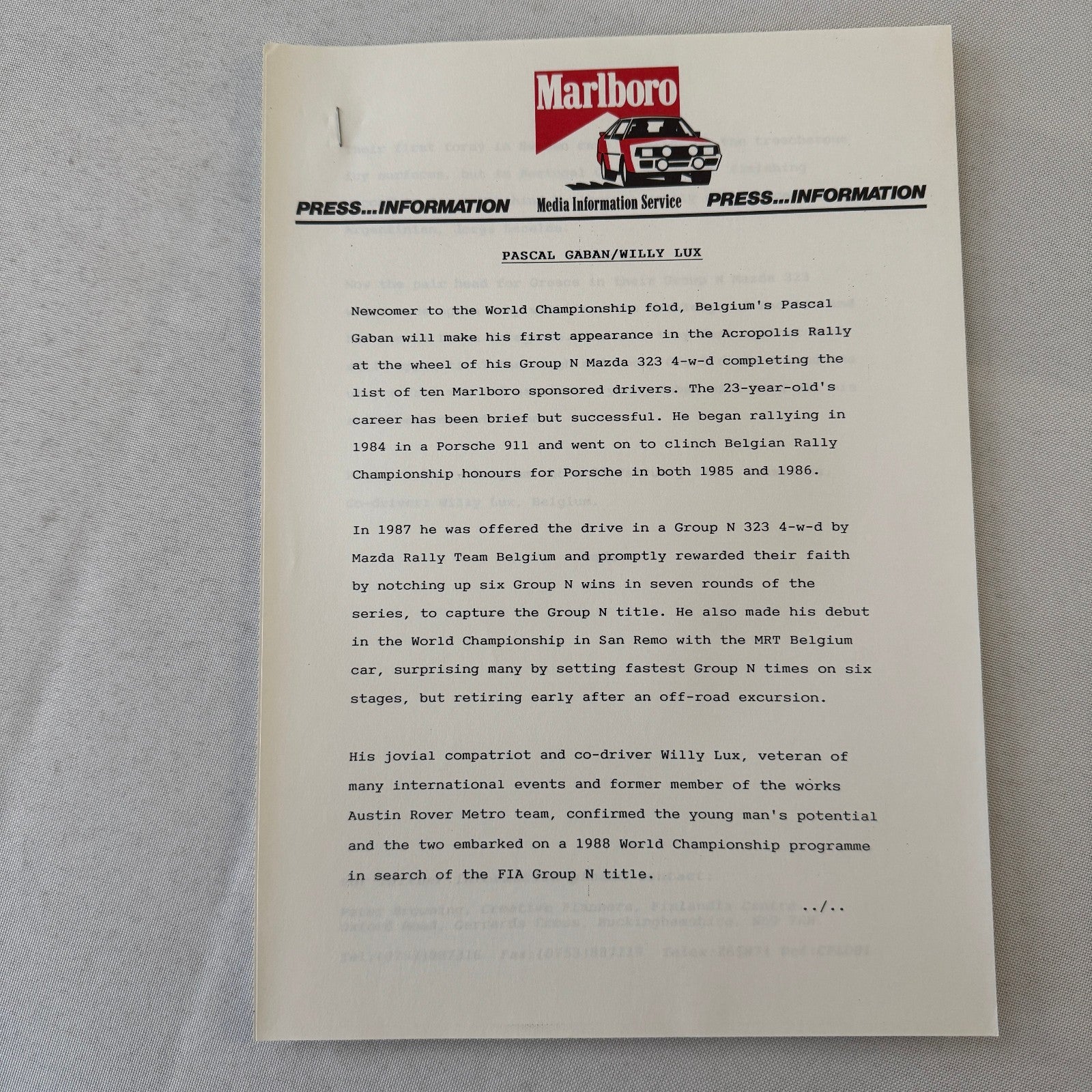 1988 Marlboro Rally Racing World Championship Press Kit Mazda Lancia Toyota