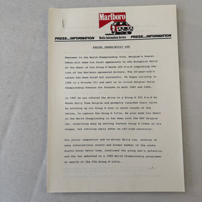 1988 Marlboro Rally Racing World Championship Press Kit Mazda Lancia Toyota