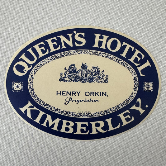 Vintage Hotel Travel Luggage Label Queen's Hotel Kimberley South Africa