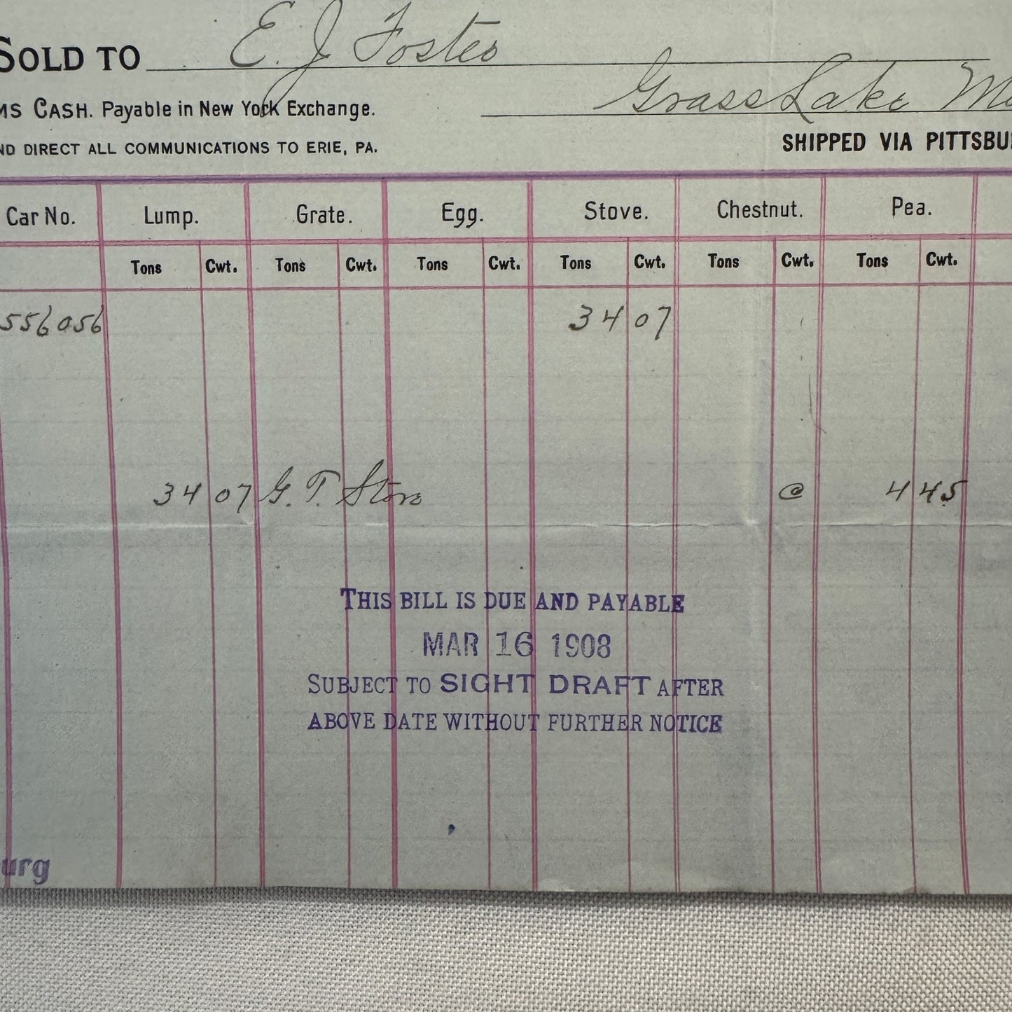 1908 Susquehanna Coal Company Invoice Receipt Document Lot 6x Erie Pennsylvania
