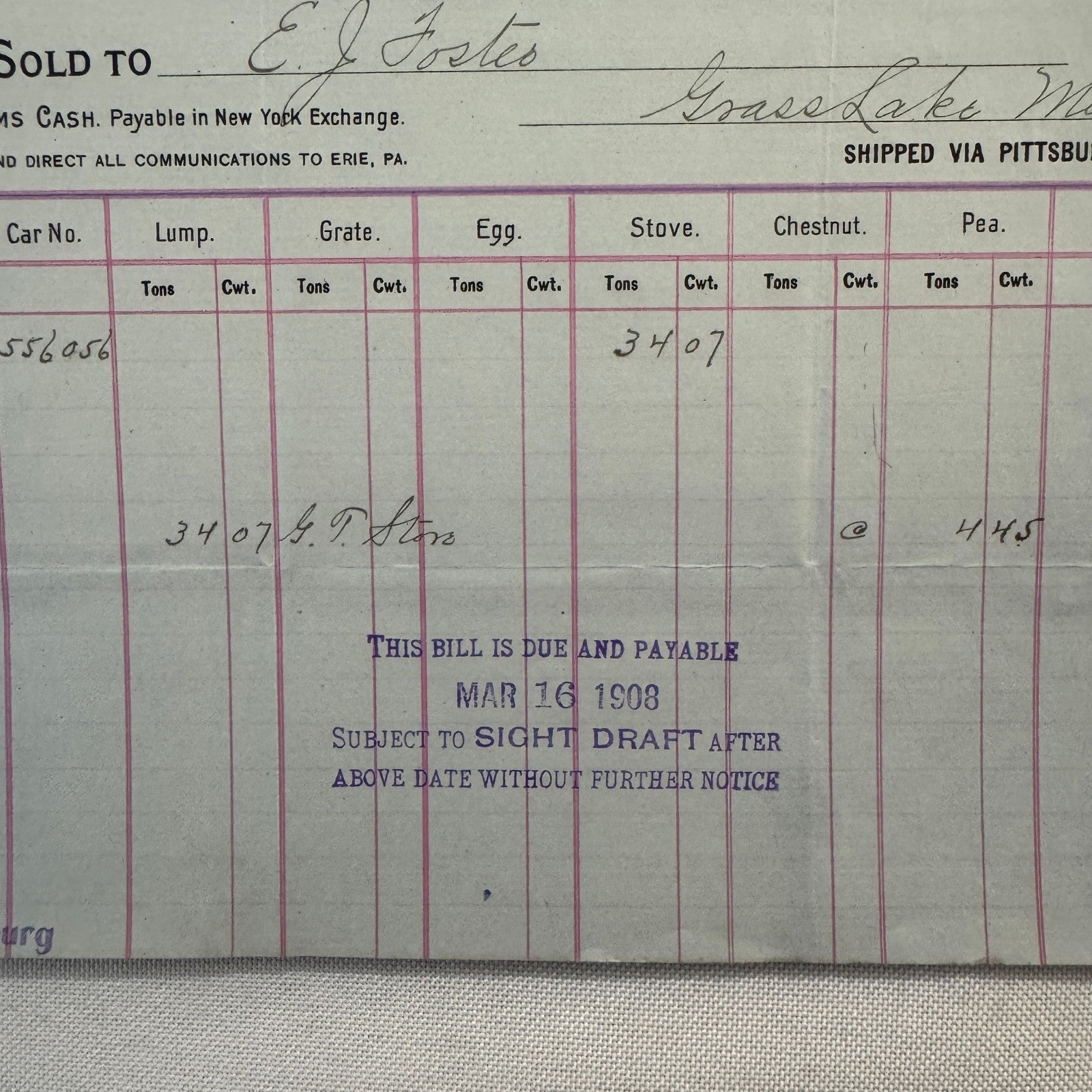 1908 Susquehanna Coal Company Invoice Receipt Document Lot 6x Erie Pennsylvania