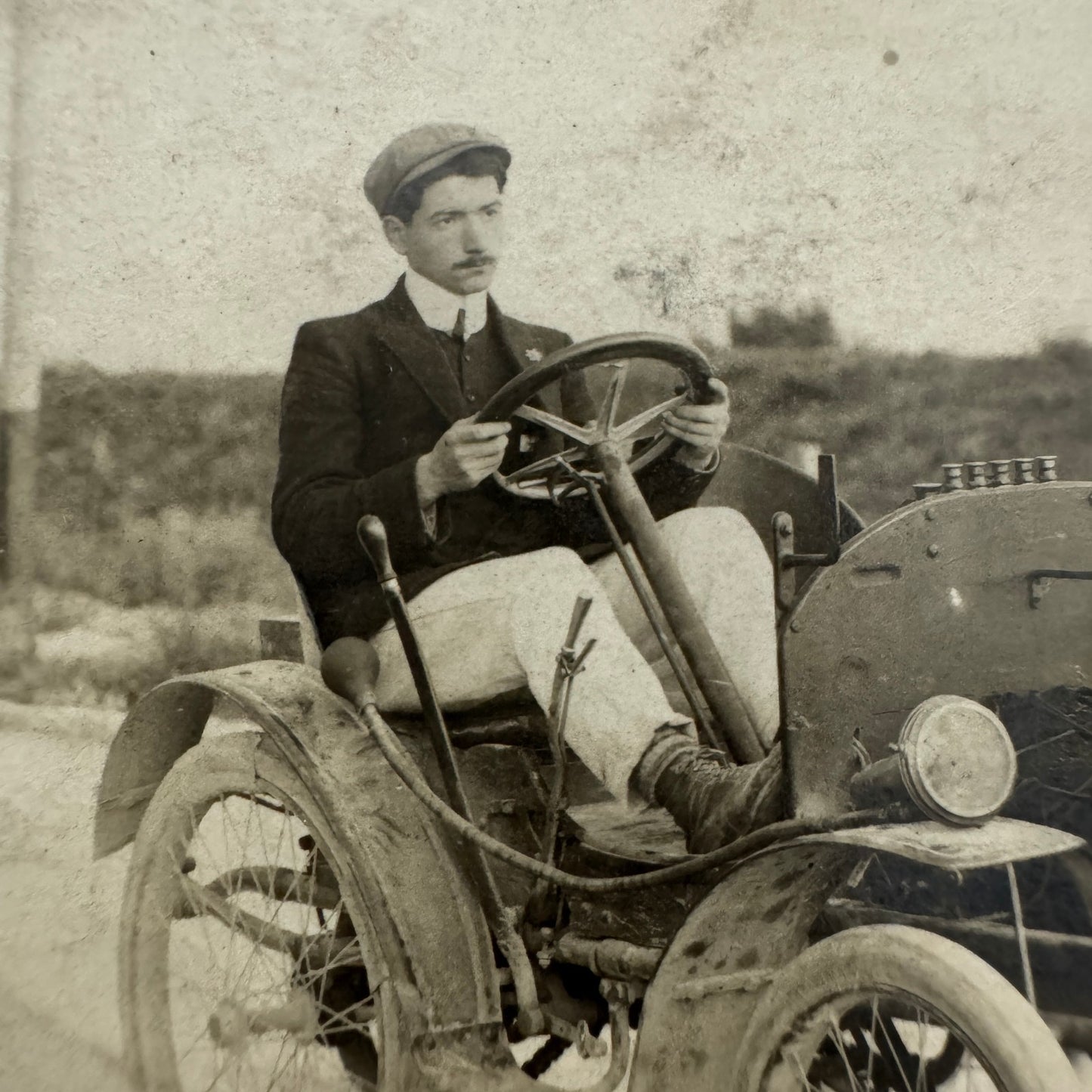 Vintage Real Photo Postcard RPPC Man with Early Automobile Car Vehicle French