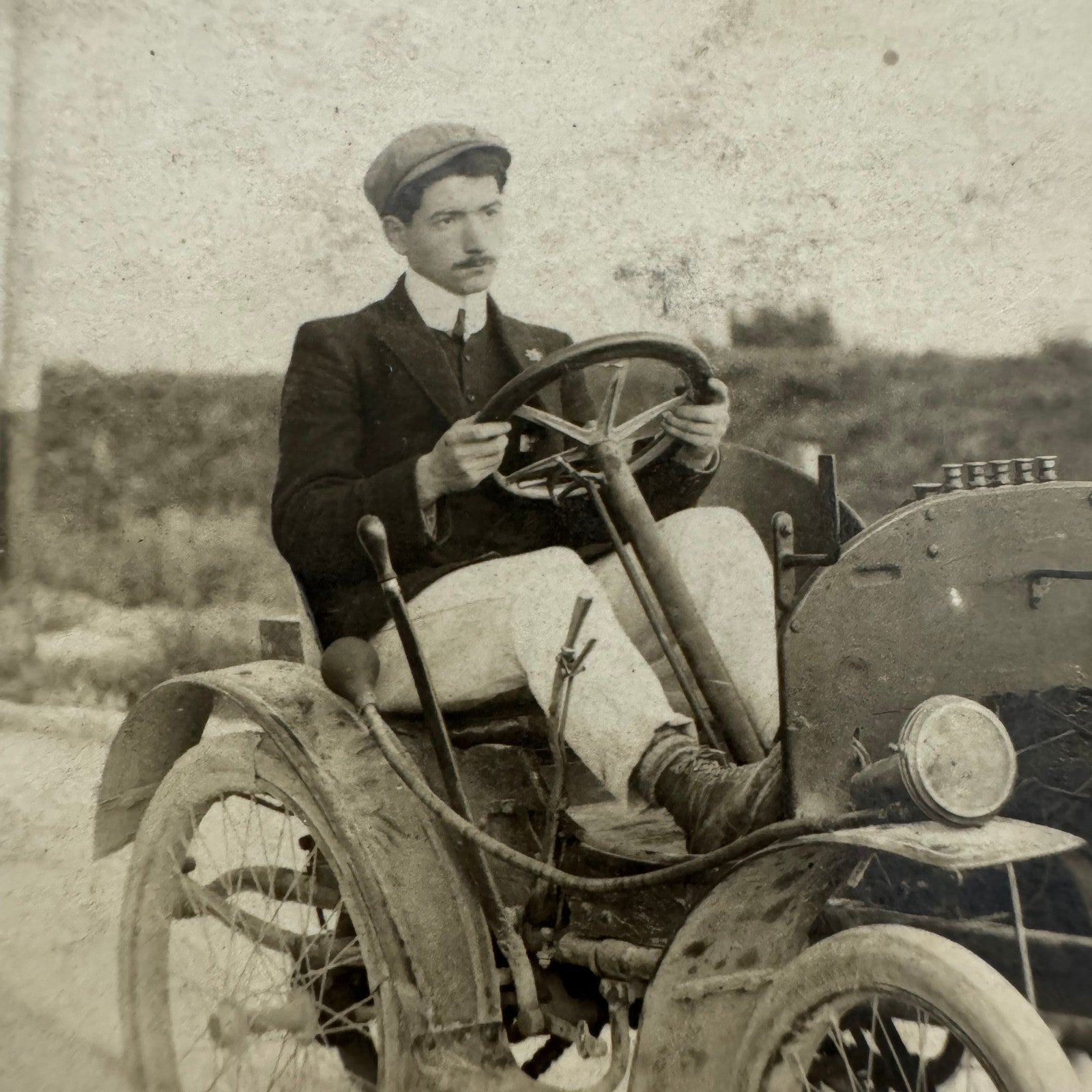 Vintage Real Photo Postcard RPPC Man with Early Automobile Car Vehicle French