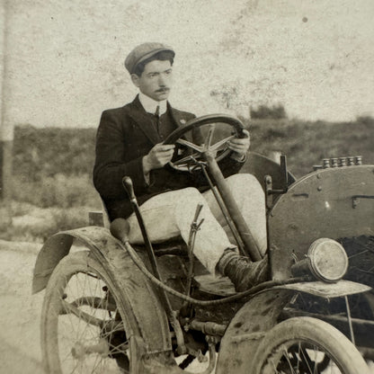 Vintage Real Photo Postcard RPPC Man with Early Automobile Car Vehicle French
