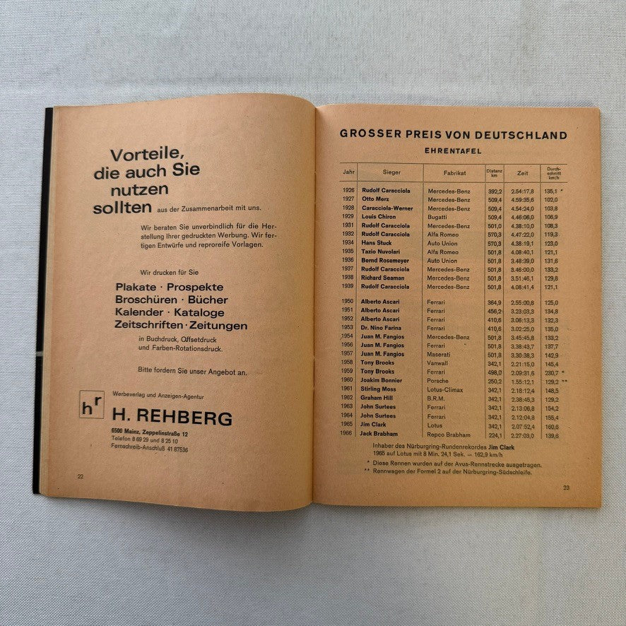 1967 AVD German Grand Prix Racing Program Motorsport Race Jim Clark Dan Gurney +