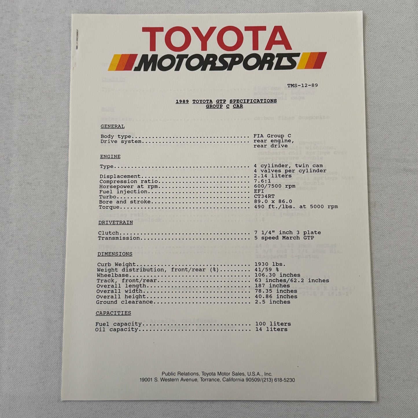 1989 Toyota Motorsport Racing Press Kit Dan Gurney Willy T Ribbs Fangio II