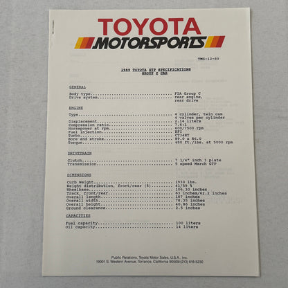 1989 Toyota Motorsport Racing Press Kit Dan Gurney Willy T Ribbs Fangio II