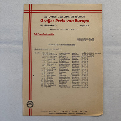 1954 AVD European Grand Prix at Nurburgring Racing Race Document Lot 2x