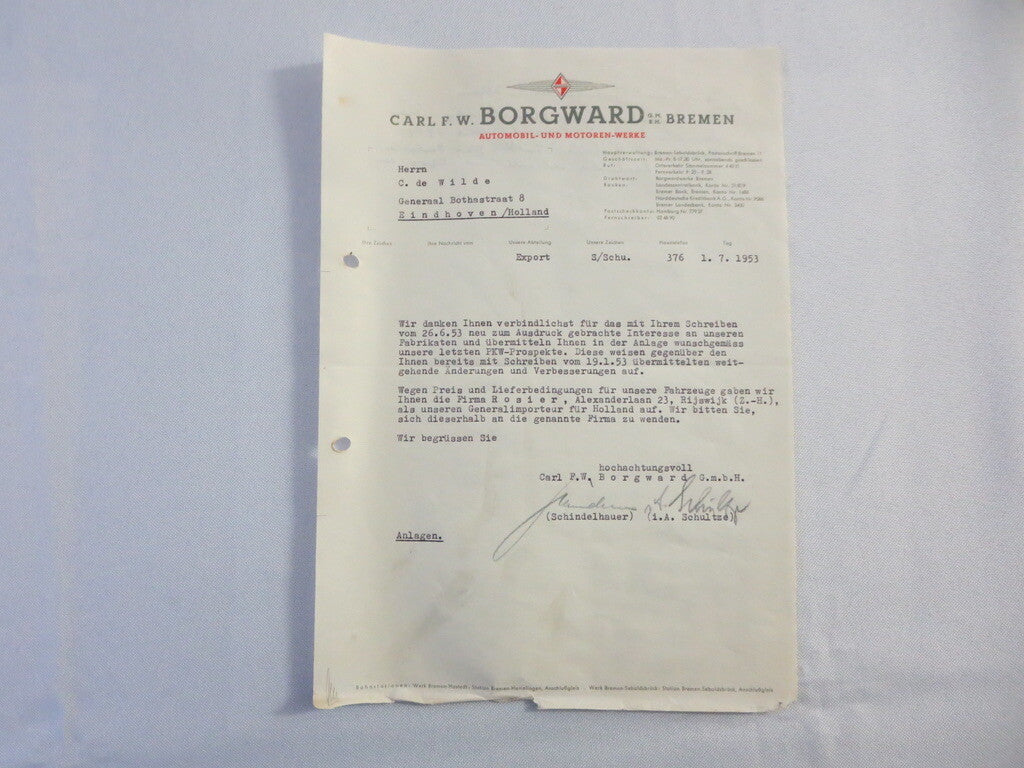 1953 Borgward Letter Letterhead Document - German Text 