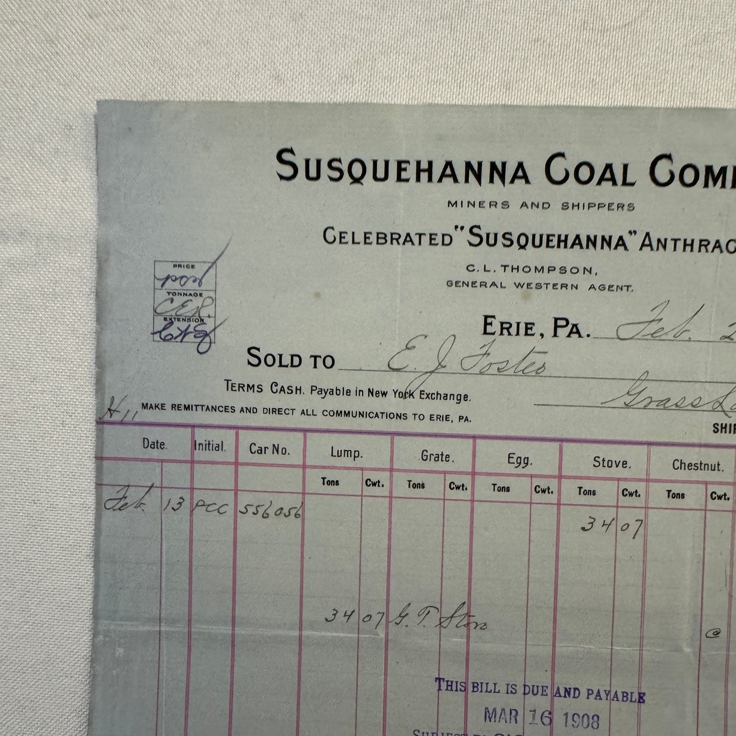 1908 Susquehanna Coal Company Invoice Receipt Document Lot 6x Erie Pennsylvania