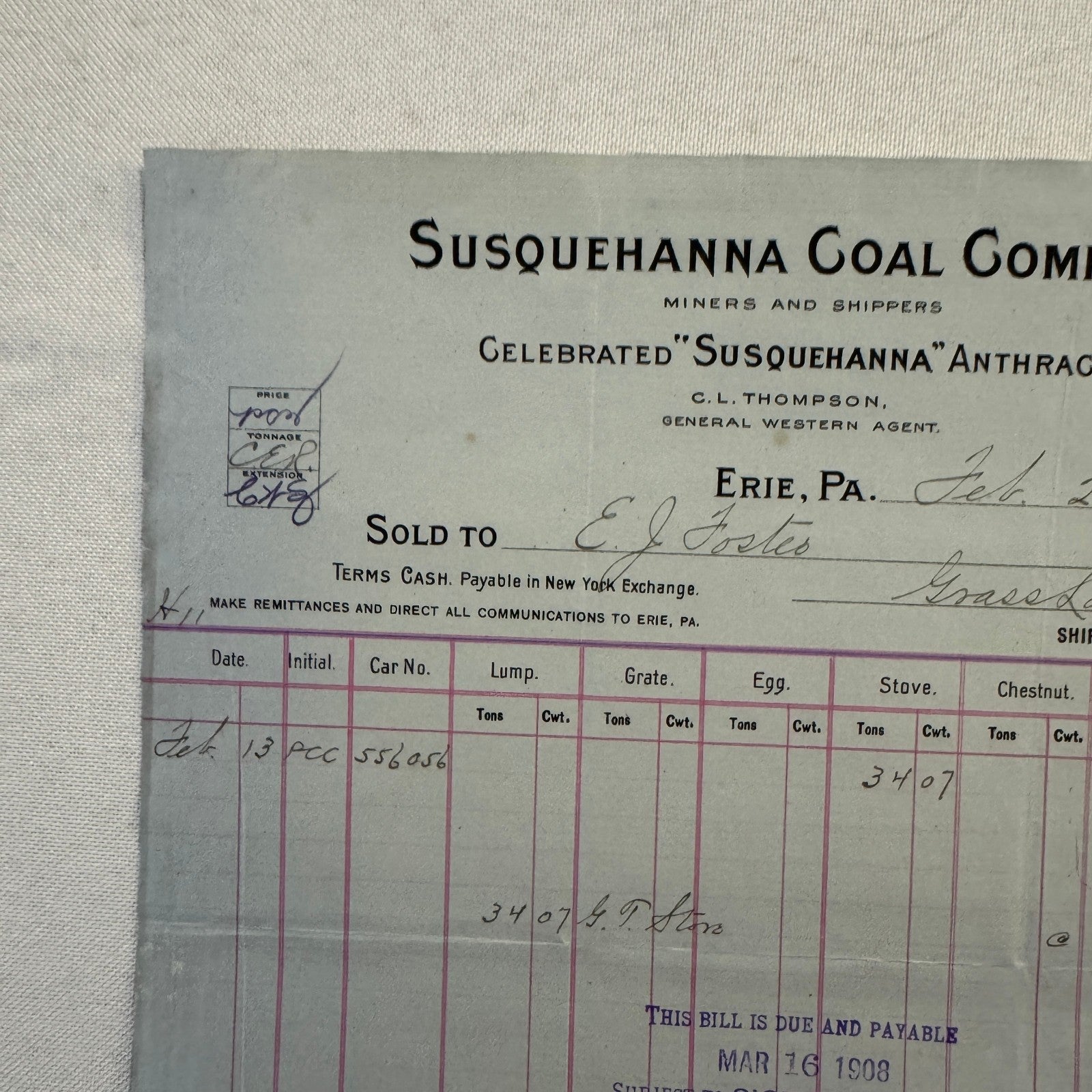 1908 Susquehanna Coal Company Invoice Receipt Document Lot 6x Erie Pennsylvania