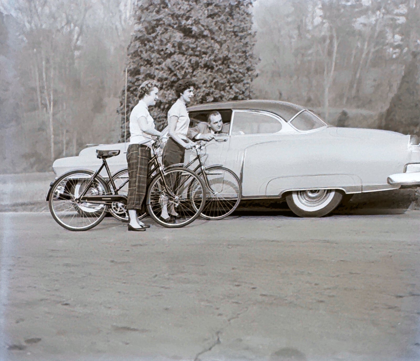 Vintage Photo Negative Women on Bicycles Bike with Cadillac Car Indian Bicycle ?