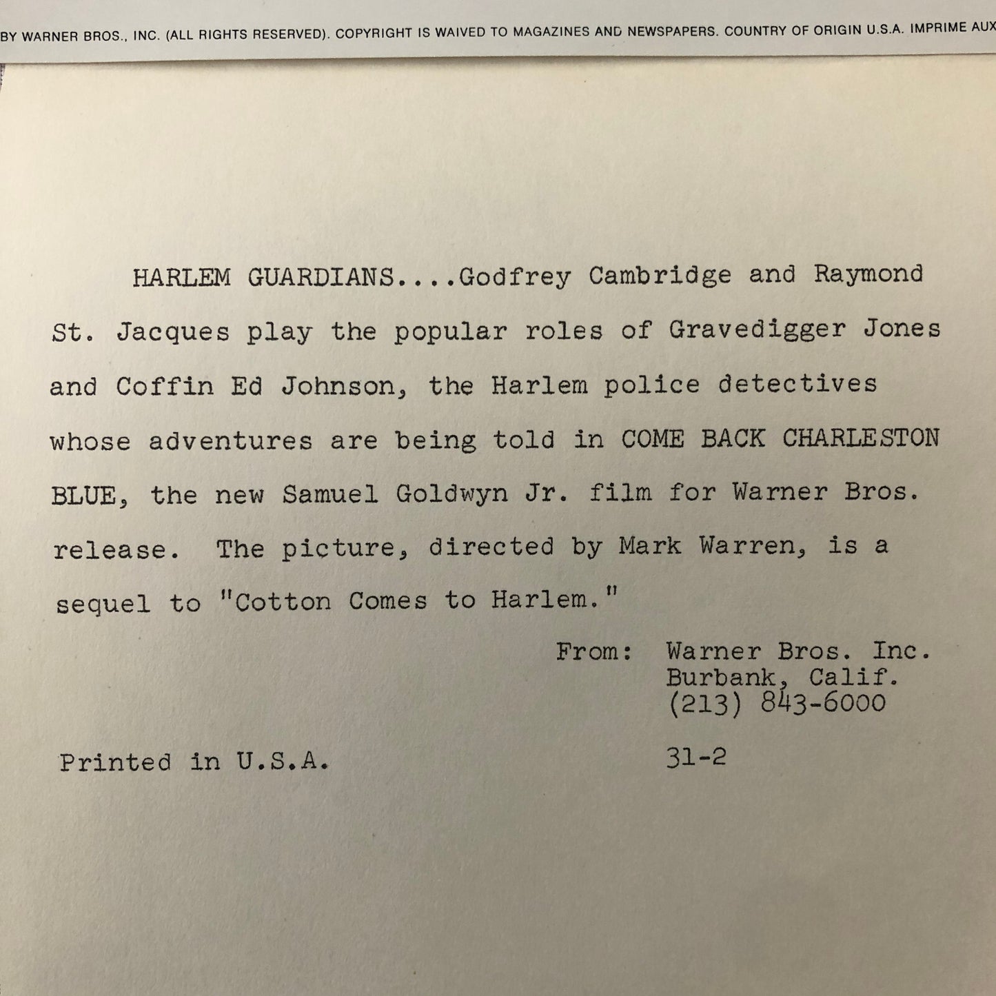 Come Back Charleston Blue Police Movie Film Press Photo Photograph 1971