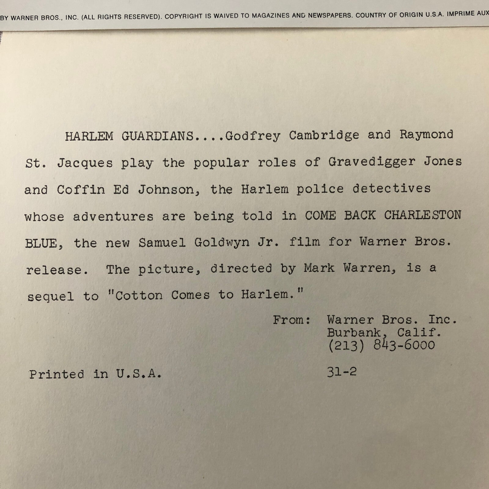 Come Back Charleston Blue Police Movie Film Press Photo Photograph 1971