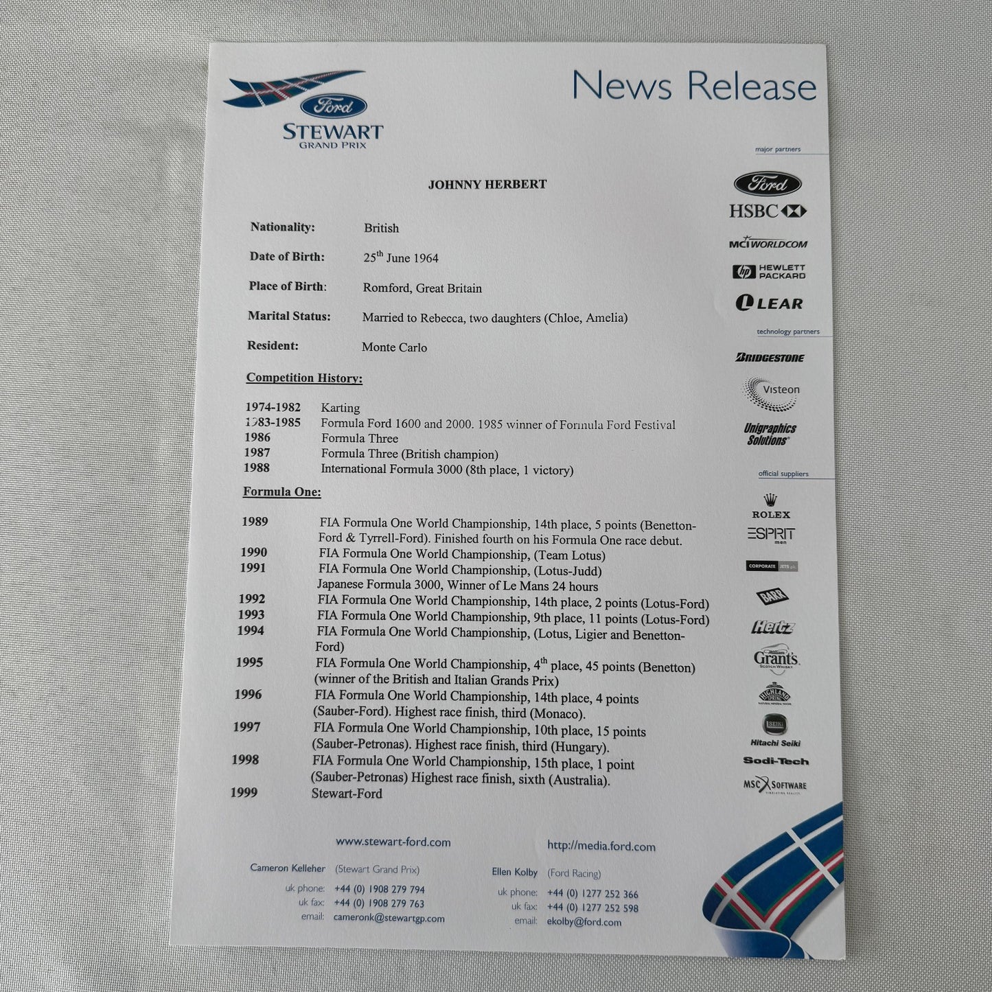 1999 Ford Jackie Stewart Racing Team SF3 Press Kit 35mm Slides Brochure Photos