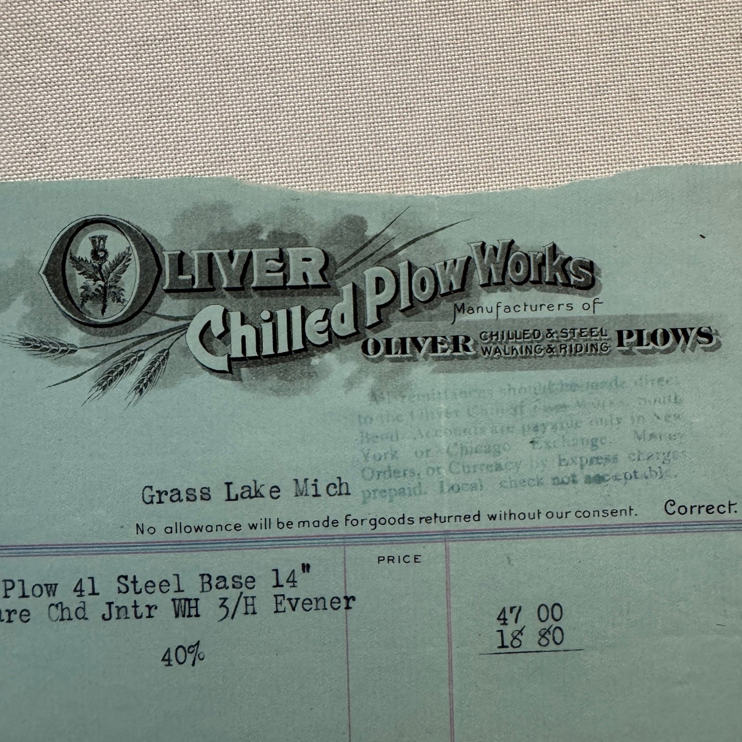 Oliver Chilled Plow Works Indiana Michigan Receipt Letterhead Document Lot 1908