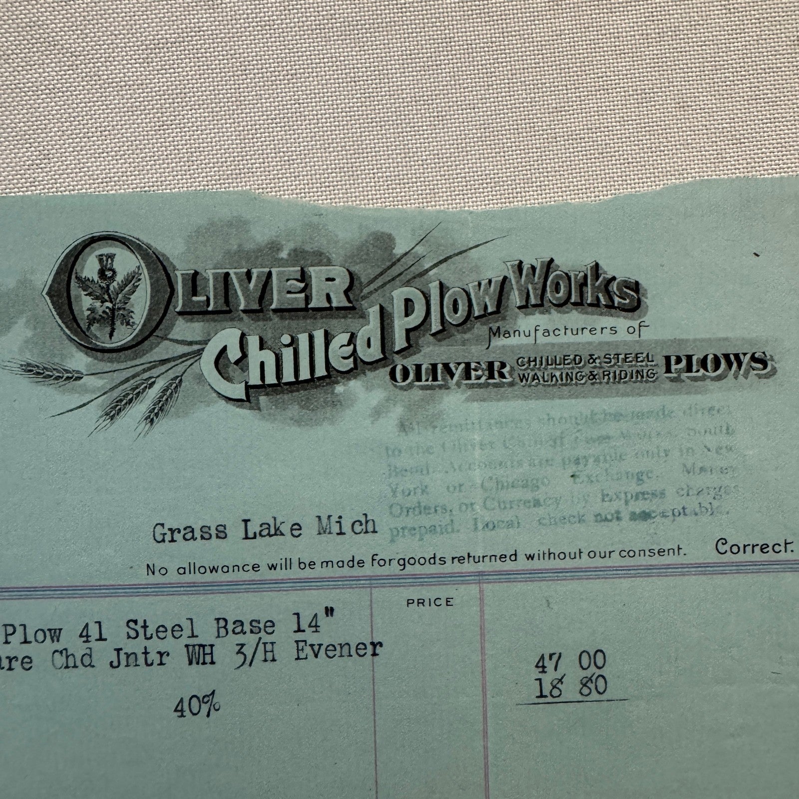 Oliver Chilled Plow Works Indiana Michigan Receipt Letterhead Document Lot 1908