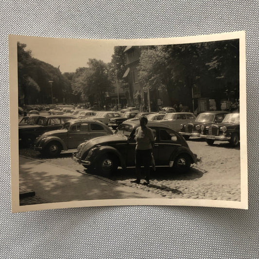 Vintage Photo Photograph Snapshot Woman with VW Volkswagen Beetle Bug Mercedes