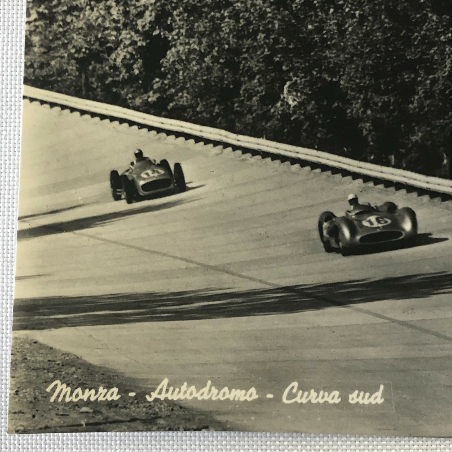 Vintage Photo Postcard Post Card Mercedes Benz Cars at Monza Juan Manuel Fangio 