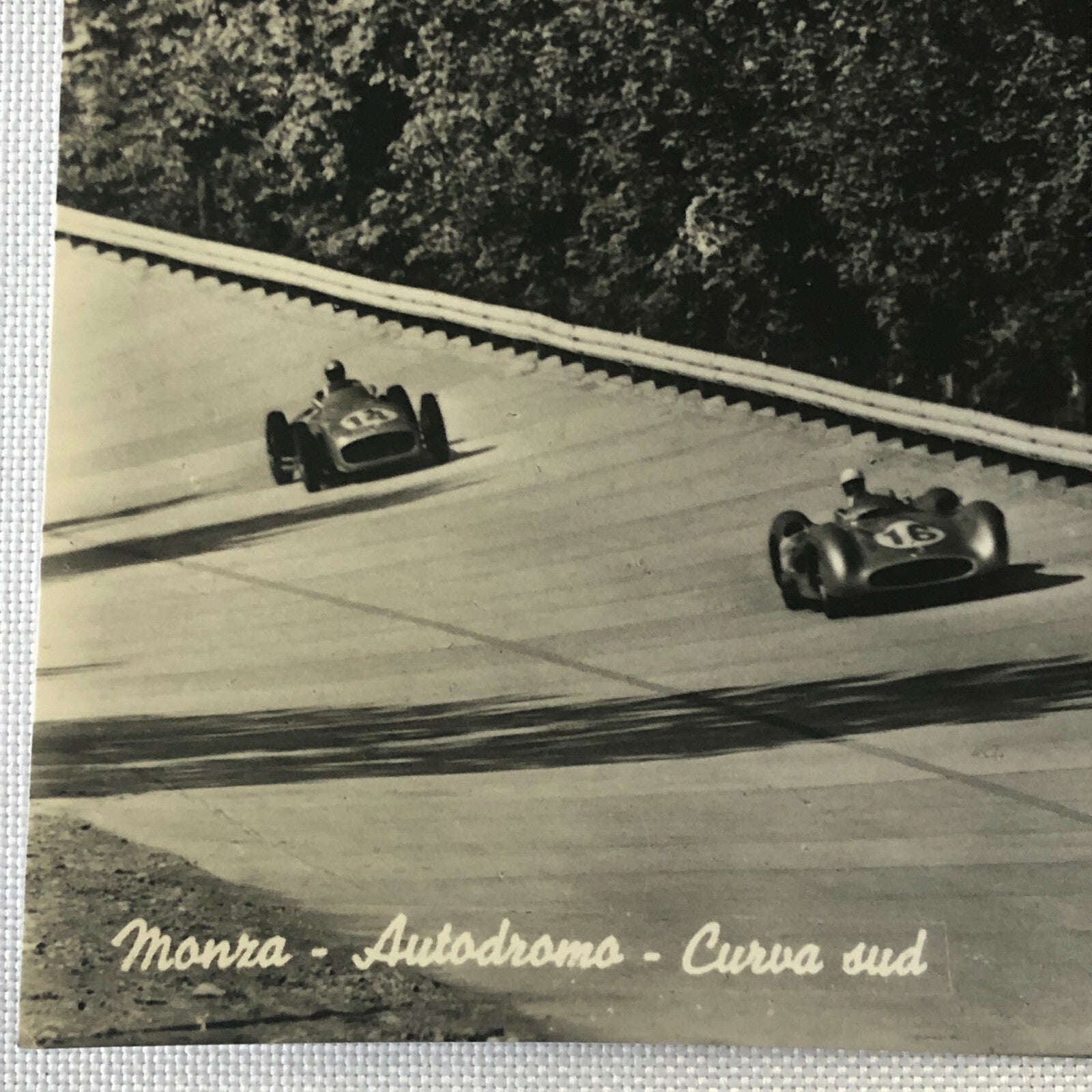 Vintage Photo Postcard Post Card Mercedes Benz Cars at Monza Juan Manuel Fangio 