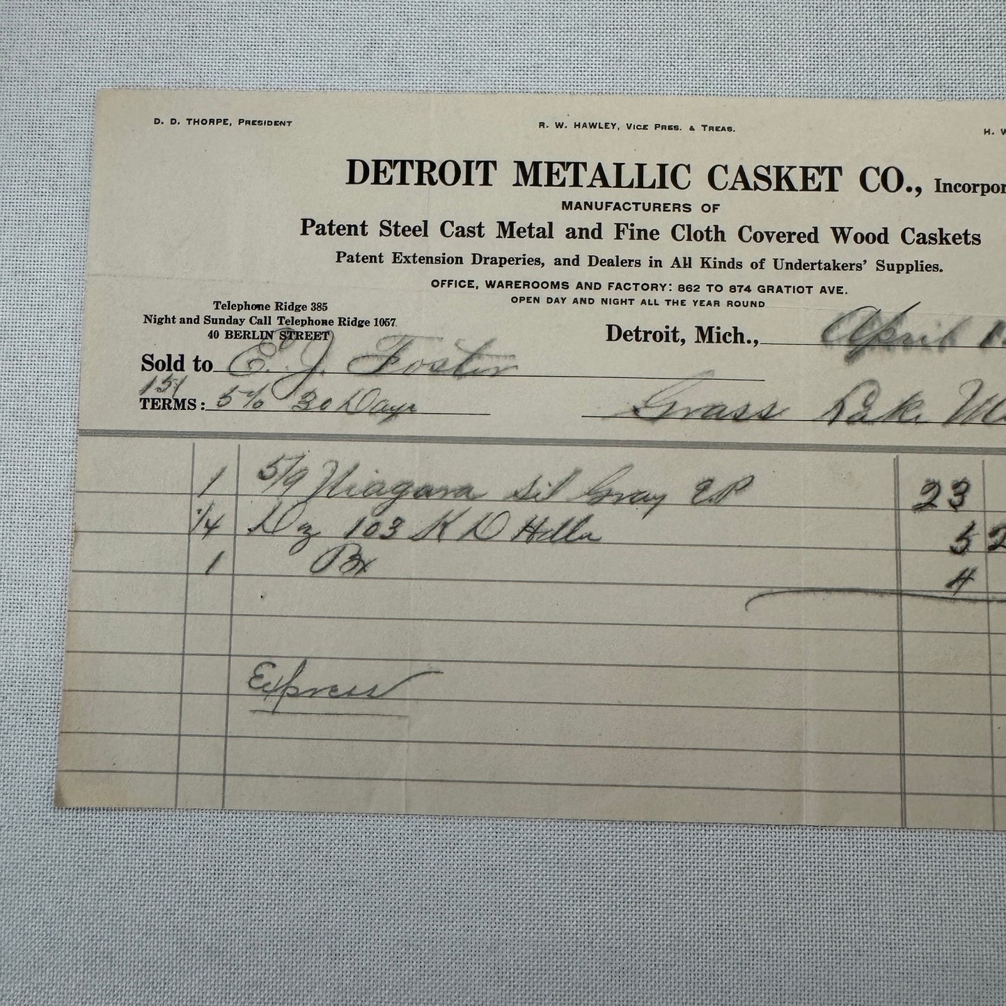 Detroit Metallic Casket Company 1908 Invoice Receipt Document Lot 3x Funeral