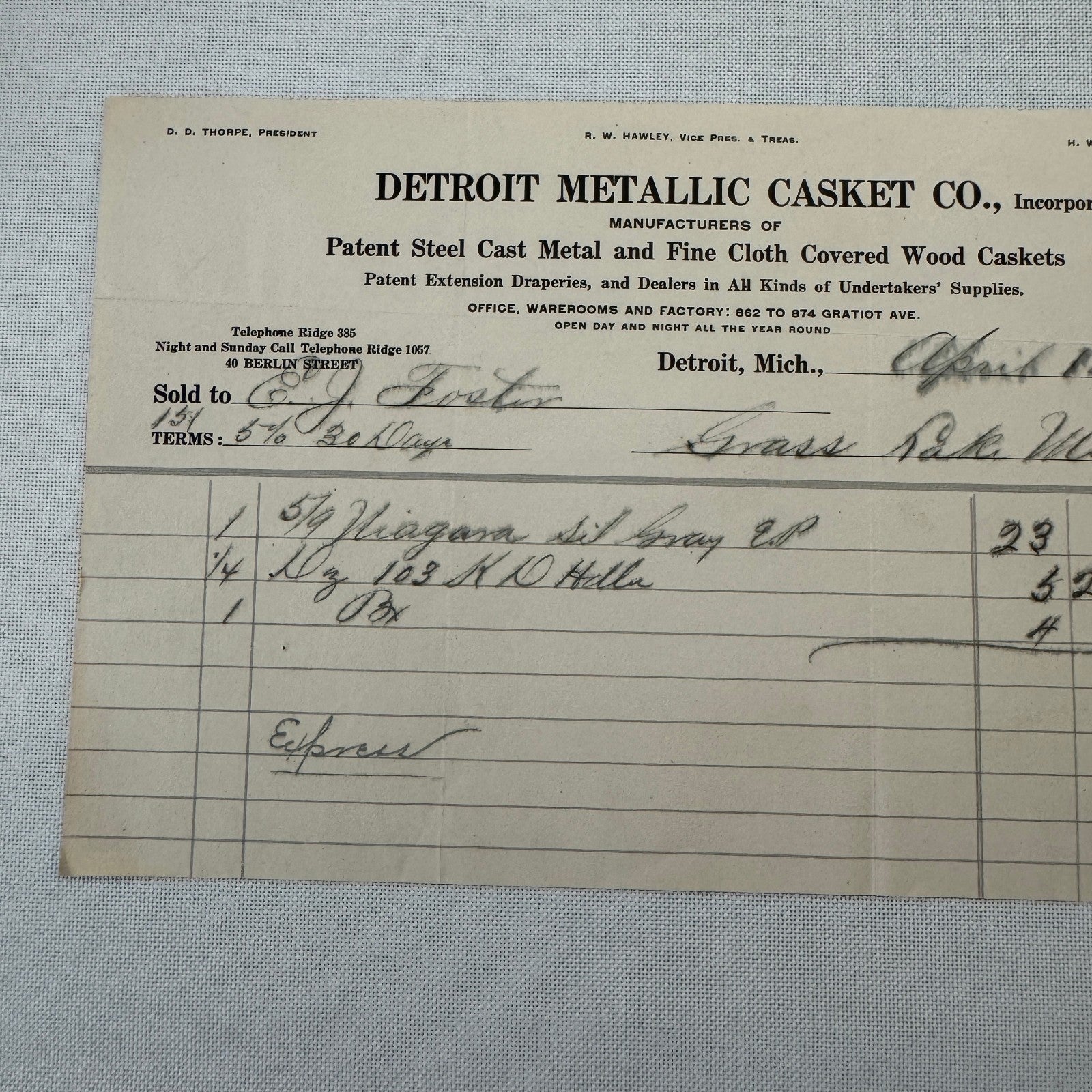 Detroit Metallic Casket Company 1908 Invoice Receipt Document Lot 3x Funeral