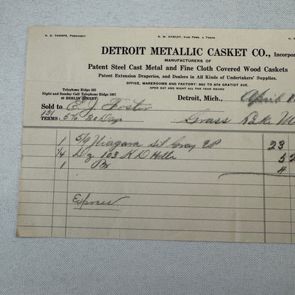Detroit Metallic Casket Company 1908 Invoice Receipt Document Lot 3x Funeral