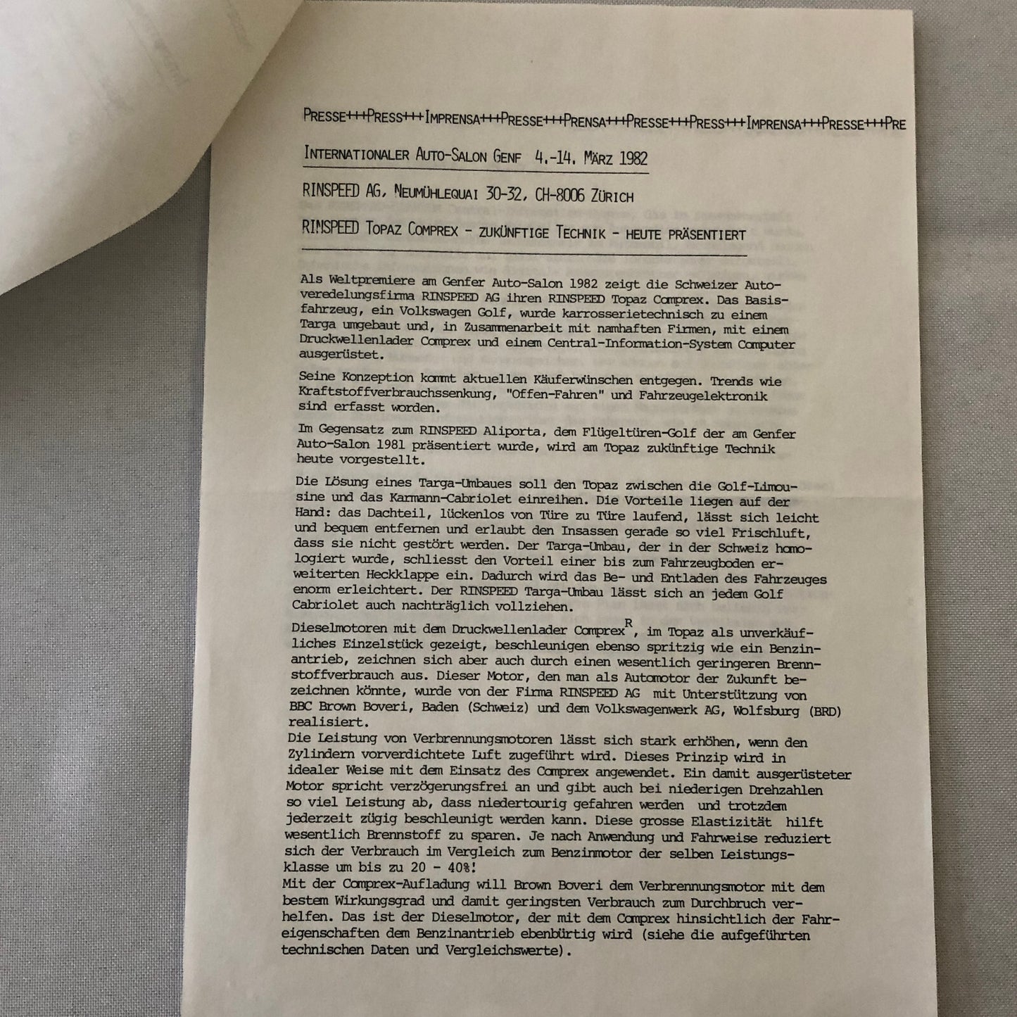 1982 Rinspeed Car Press Release Document Topaz Volkswagen Porsche 938 GERMAN