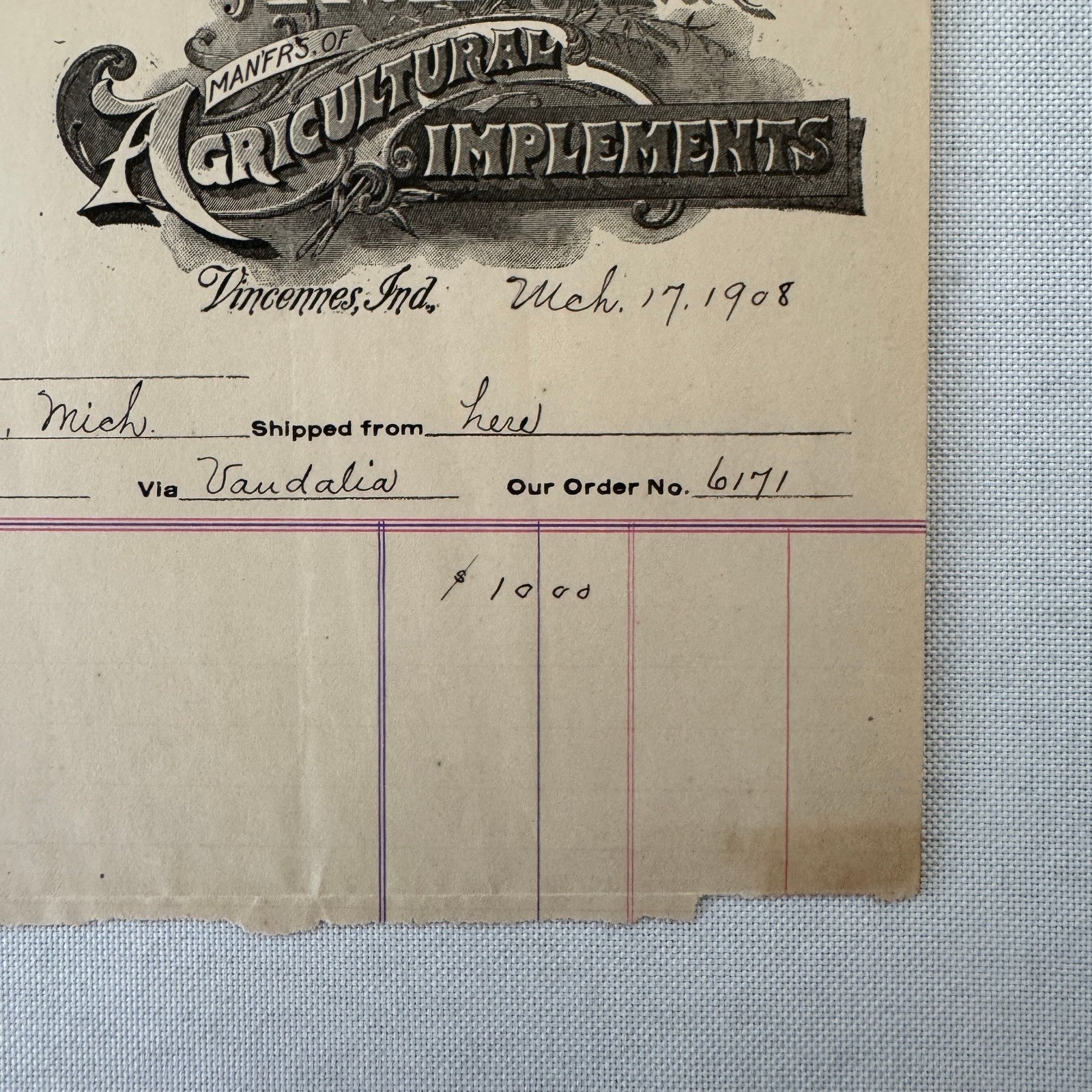Hartman Manufacturing Company Agricultural Implements Document Receipt 1908