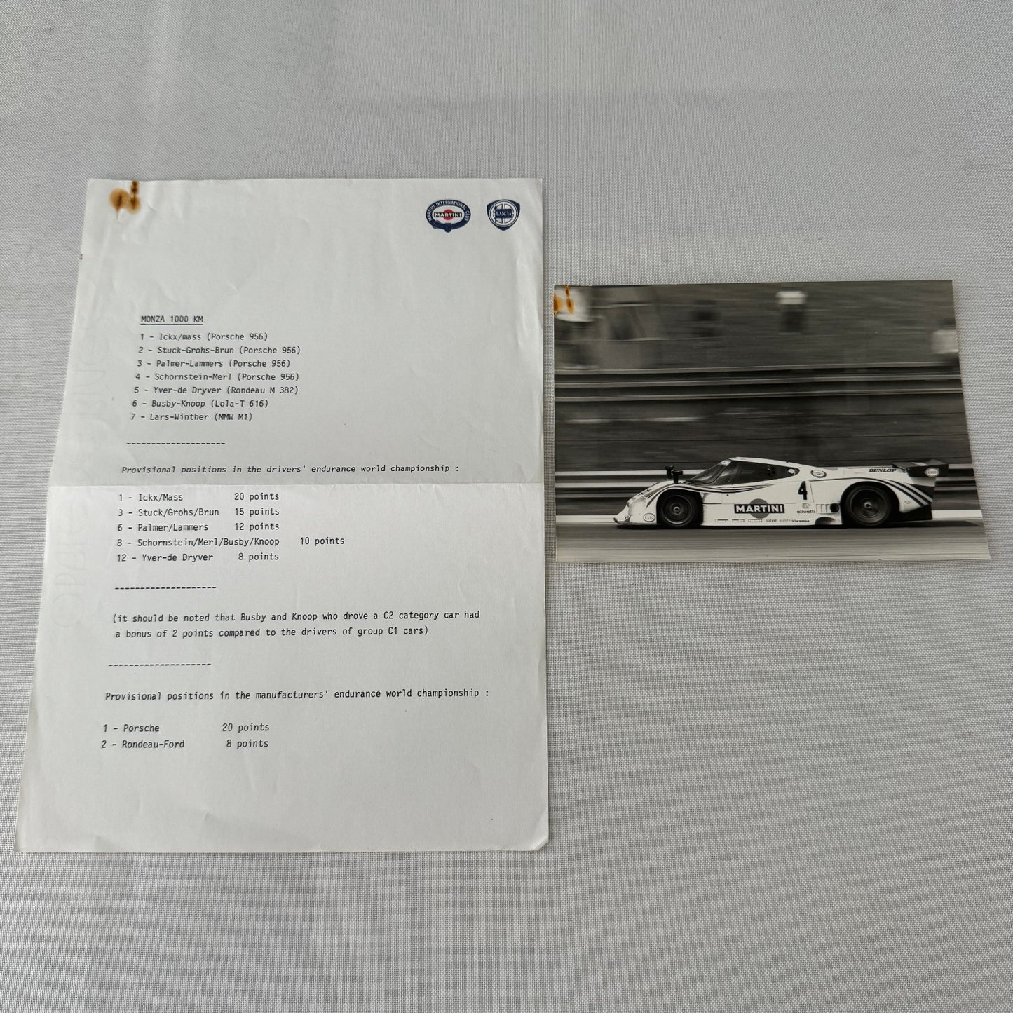 Monza 1000 KM Lancia Martini Racing Car Photo and Press Release Vintage