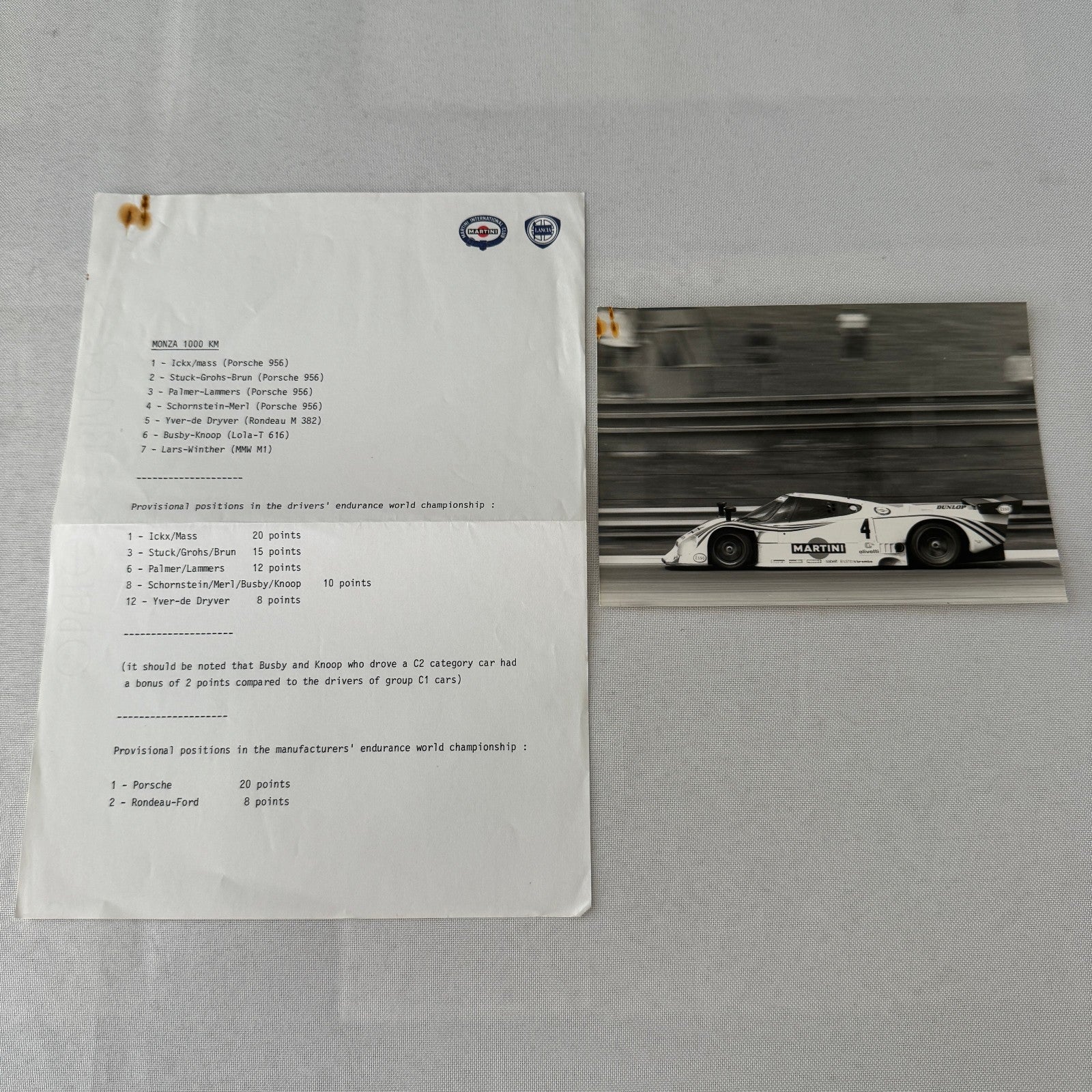Monza 1000 KM Lancia Martini Racing Car Photo and Press Release Vintage