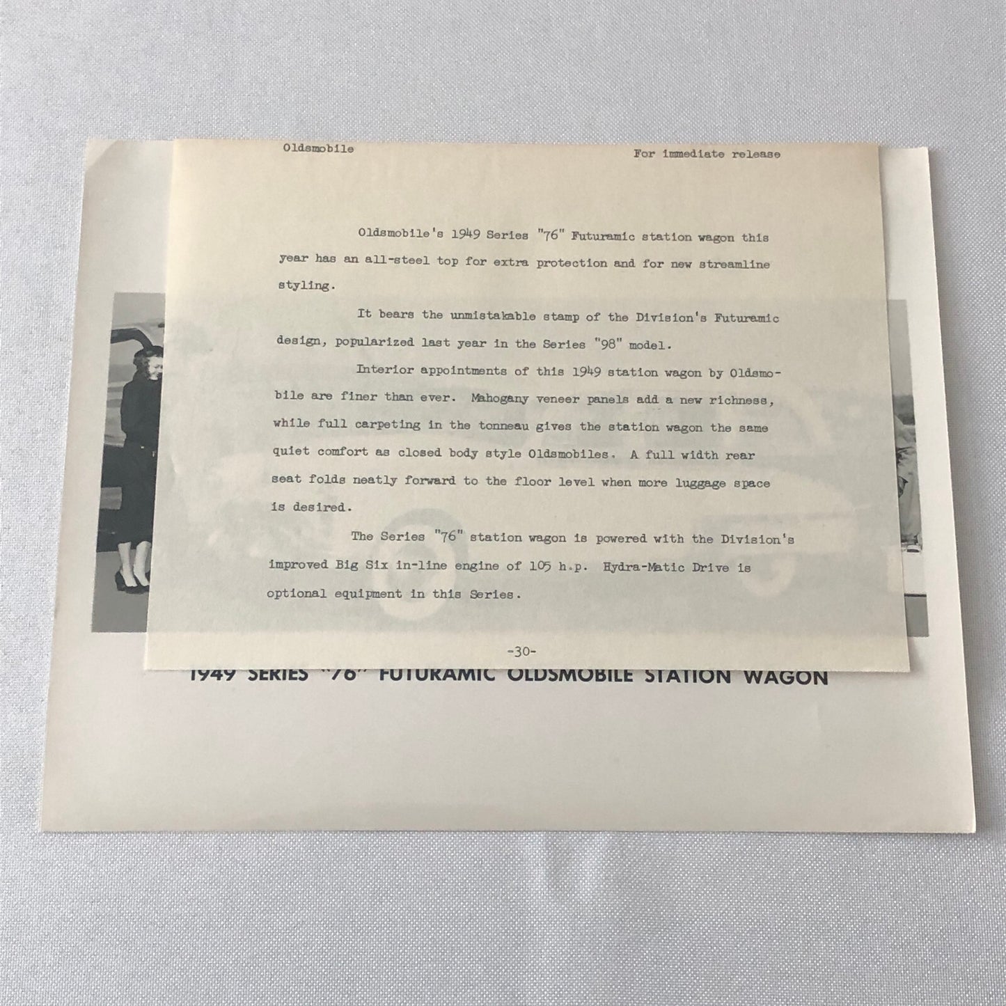 1949 Oldsmobile Series 76 Futuramic Station Wagon Factory Press Photo Photograph