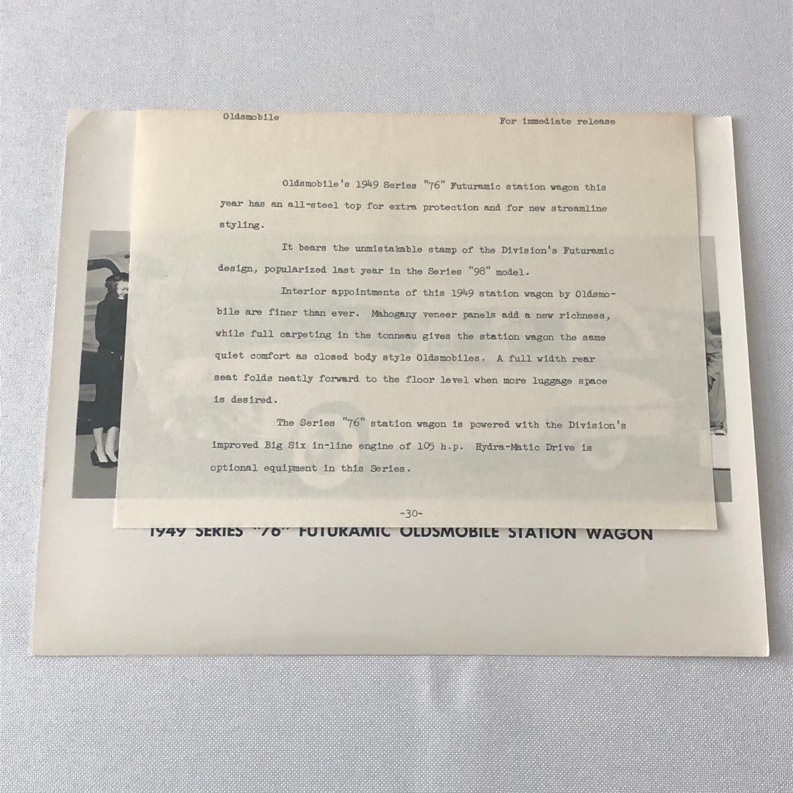 1949 Oldsmobile Series 76 Futuramic Station Wagon Factory Press Photo Photograph