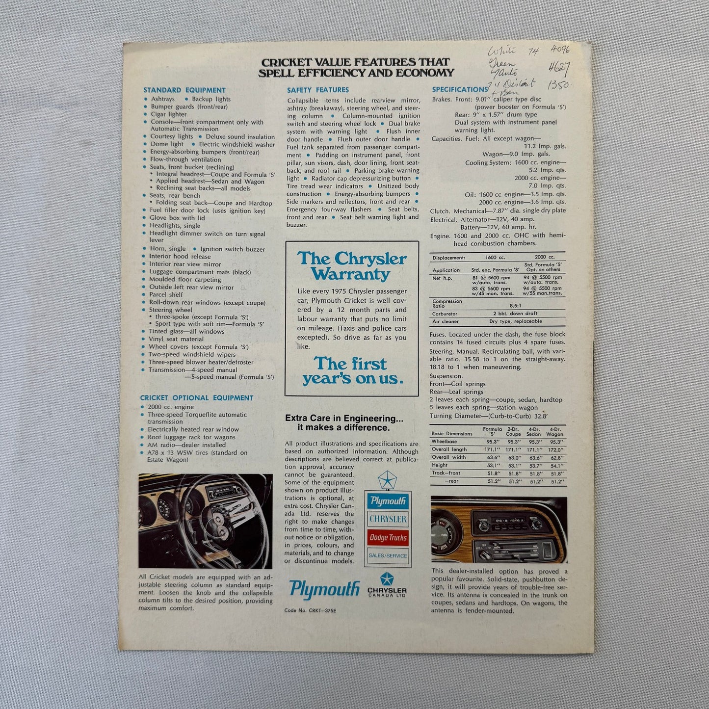 1976 Plymouth Cricket Car Sales Brochure Catalog Formula S Coupe Sedan Wagon